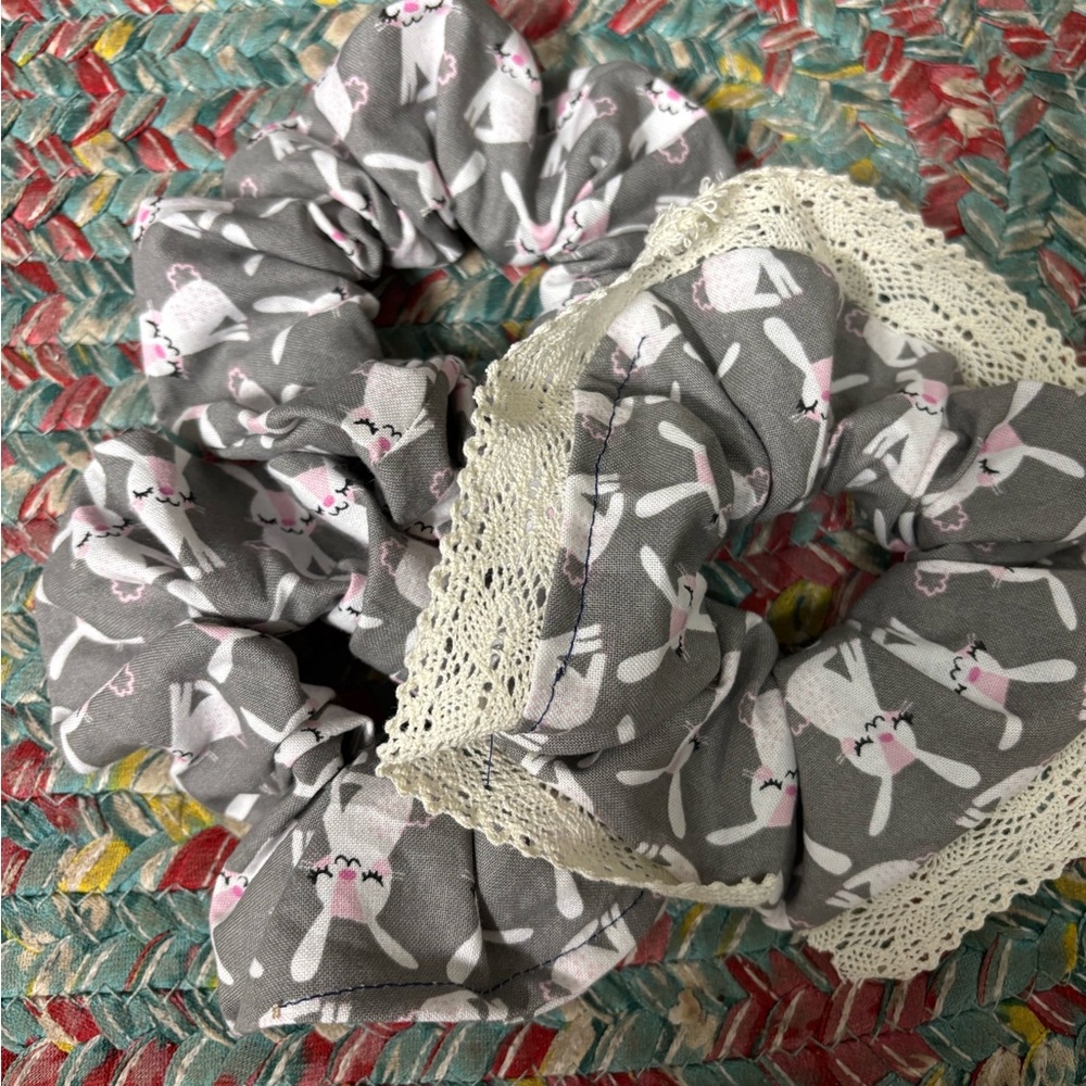 Gray Bunny Print Scrunchie with Lace Trim
